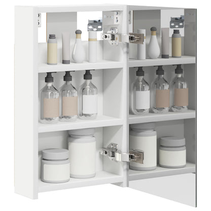 The open bathroom cabinet showing toiletries on its shelves