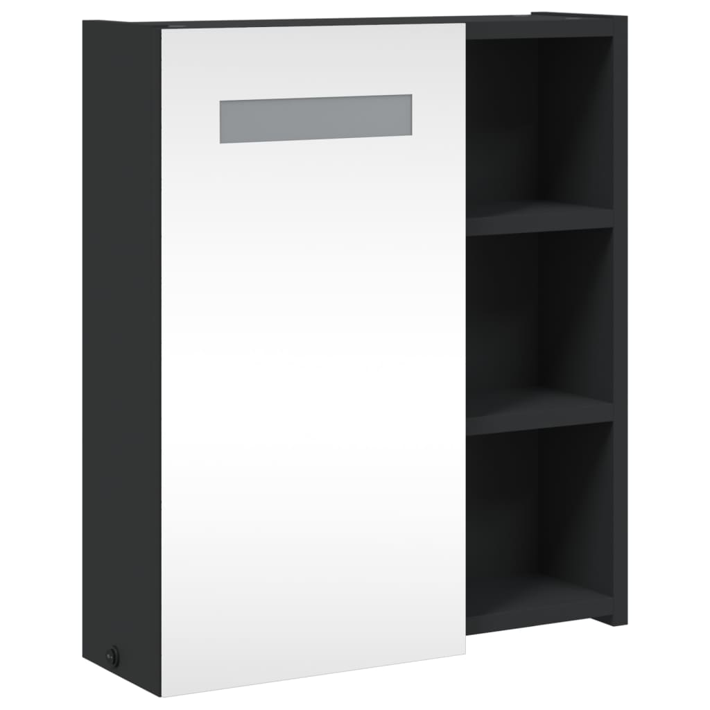 The bathroom vanity unit in black with a mirrored door and side storage shelves at an angle