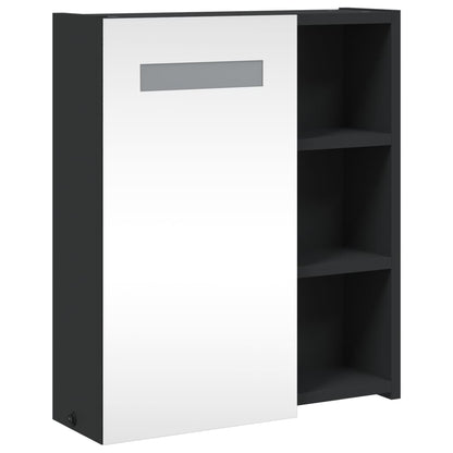 The bathroom vanity unit in black with a mirrored door and side storage shelves at an angle