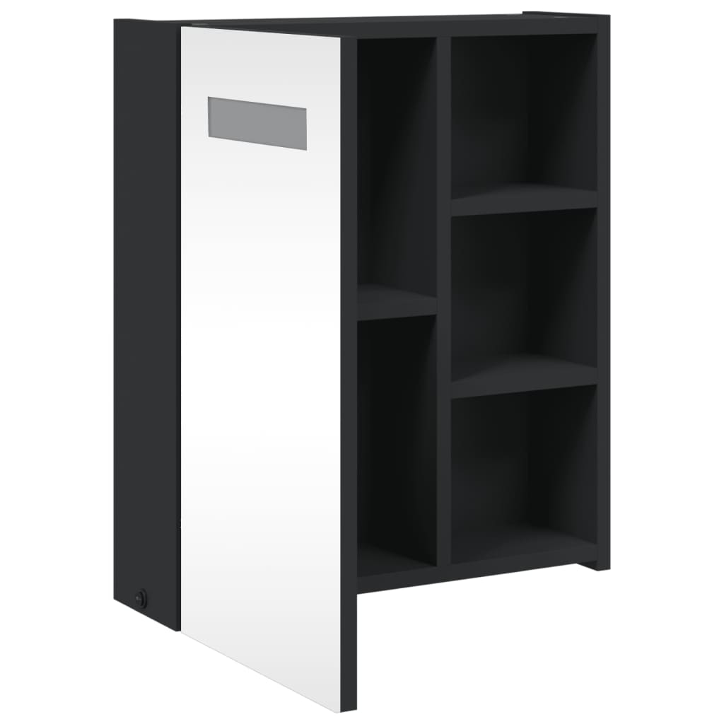 The bathroom vanity unit, showing the mirrored door pulled out to reveal internal shelving