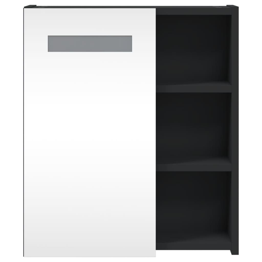 The bathroom vanity unit featuring a rectangular mirror panel and three open storage compartments