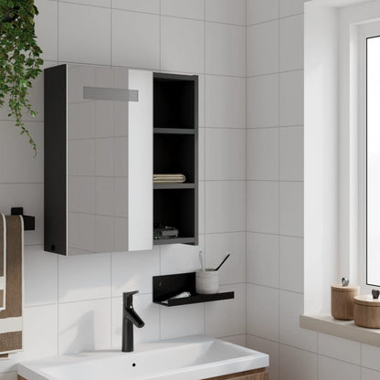 The bathroom vanity unit with mirrored door and internal shelves, shown above a sink