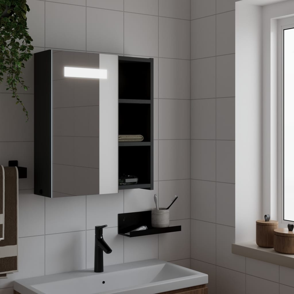 vidaXL Bathroom Mirror Cabinet with LED Light Black, a modern bathroom vanity unit with a mirrored door and internal shelves