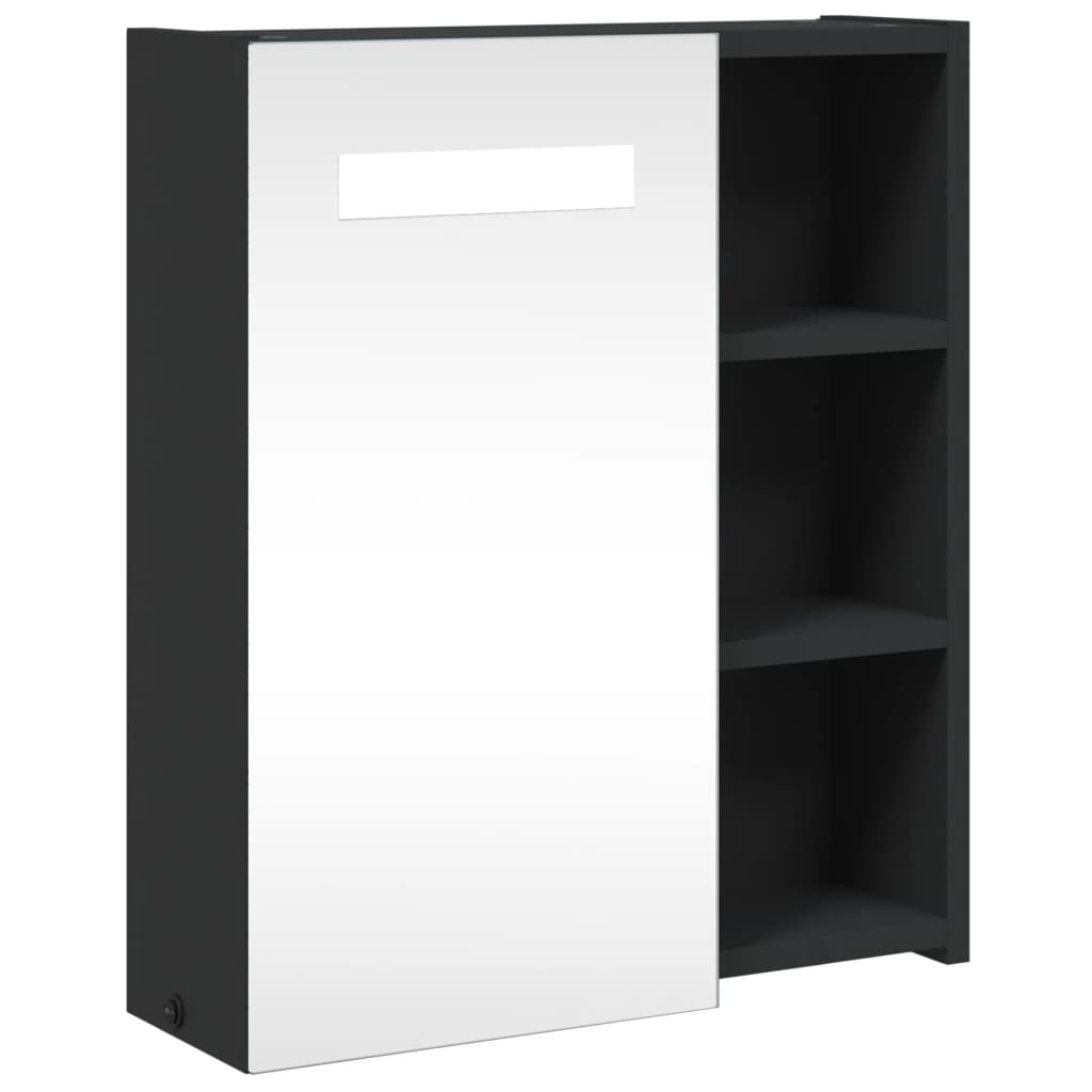 The bathroom vanity unit, a dark grey cabinet with a mirrored door and open shelving on the side