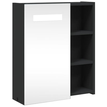 The bathroom vanity unit, a dark grey cabinet with a mirrored door and open shelving on the side