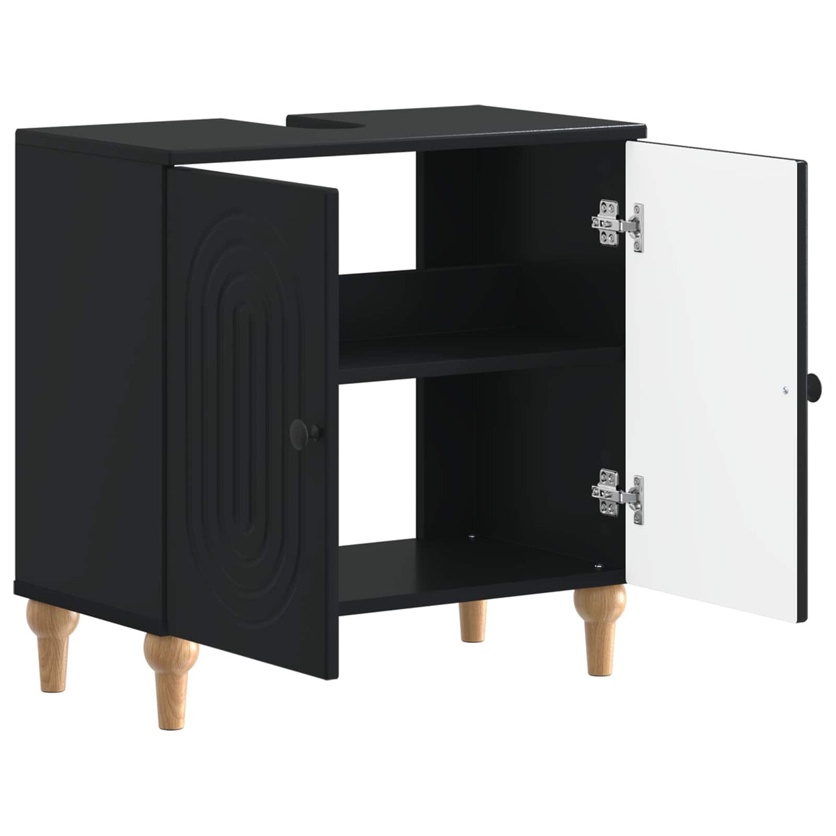 The black bathroom sink cabinet with its doors open showing the interior shelves