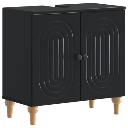 The black bathroom sink cabinet with decorative oval patterns on the doors