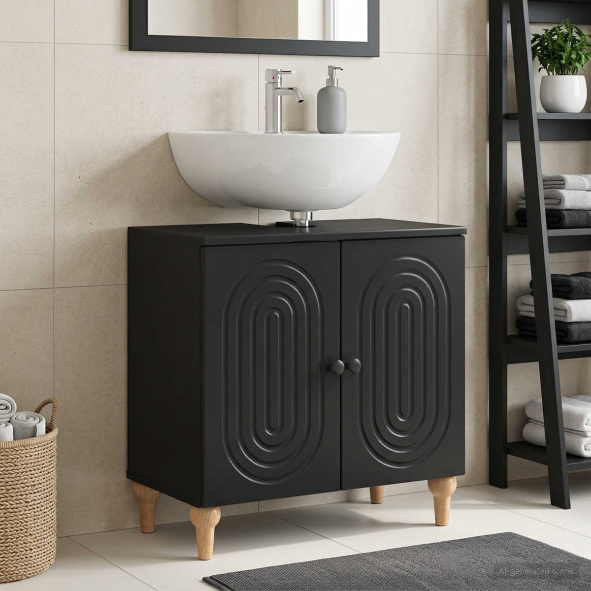 vidaXL Bathroom Sink Cabinet ALKMAAR Black shown in a modern bathroom setting with a sink and accessories