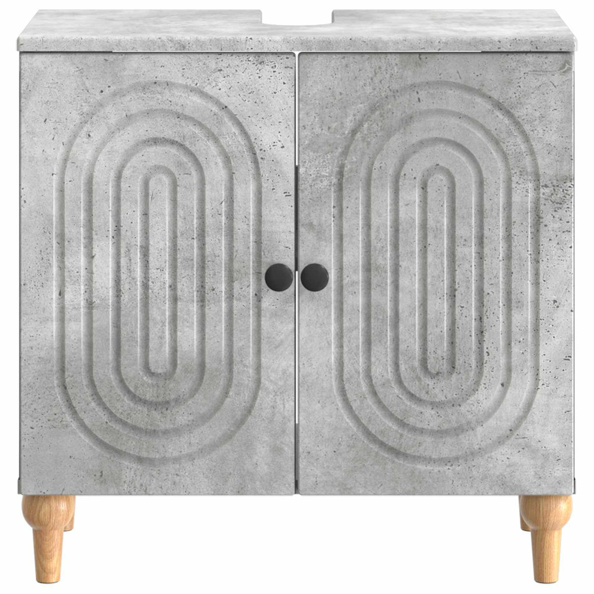 Front view of the concrete grey bathroom cabinet with oval door design and wooden feet
