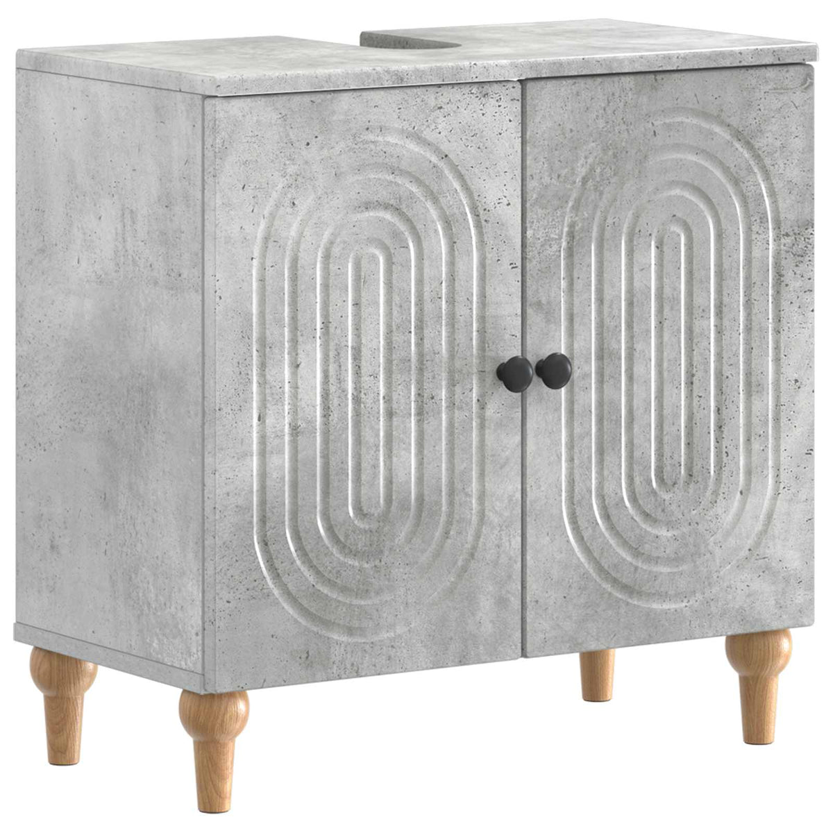 Concrete grey bathroom cabinet with two doors and wooden legs, featuring a decorative oval pattern