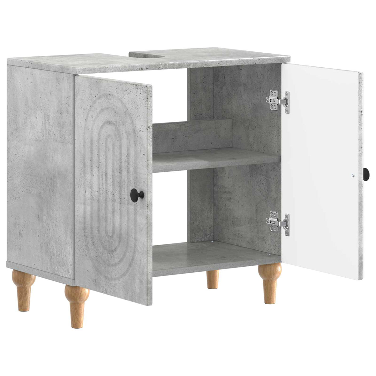 Open bathroom cabinet showing two shelves inside, with concrete grey exterior and white interior