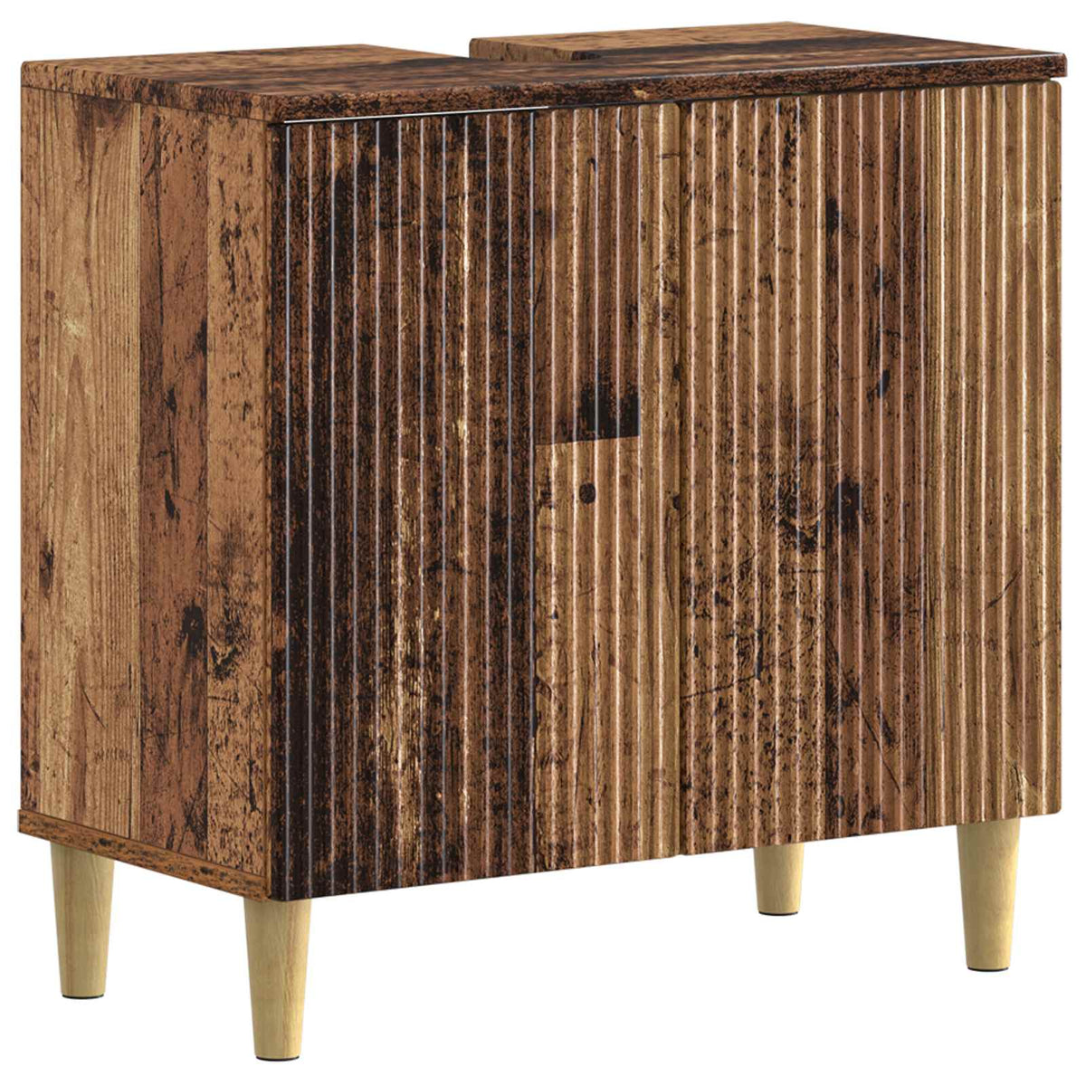 The bathroom sink cabinet with a textured wooden finish standing on four light-coloured legs