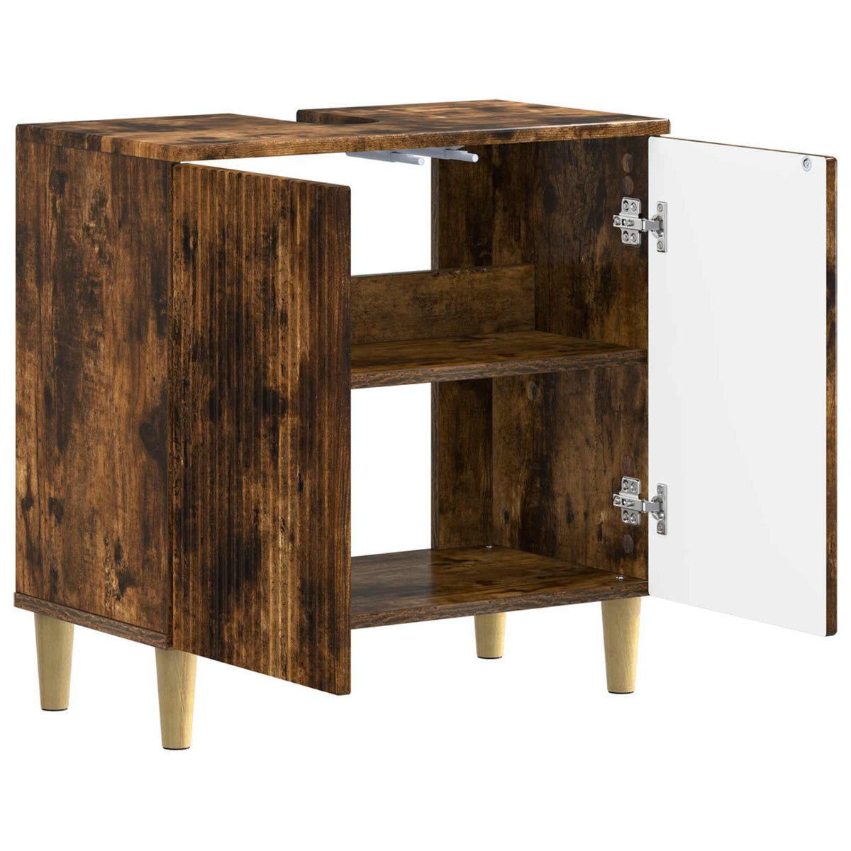 The bathroom sink cabinet with one door open revealing the internal shelf and white interior