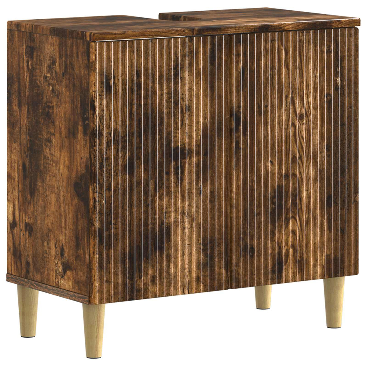 The bathroom sink cabinet featuring a dark wood finish and vertical ribbed door texture