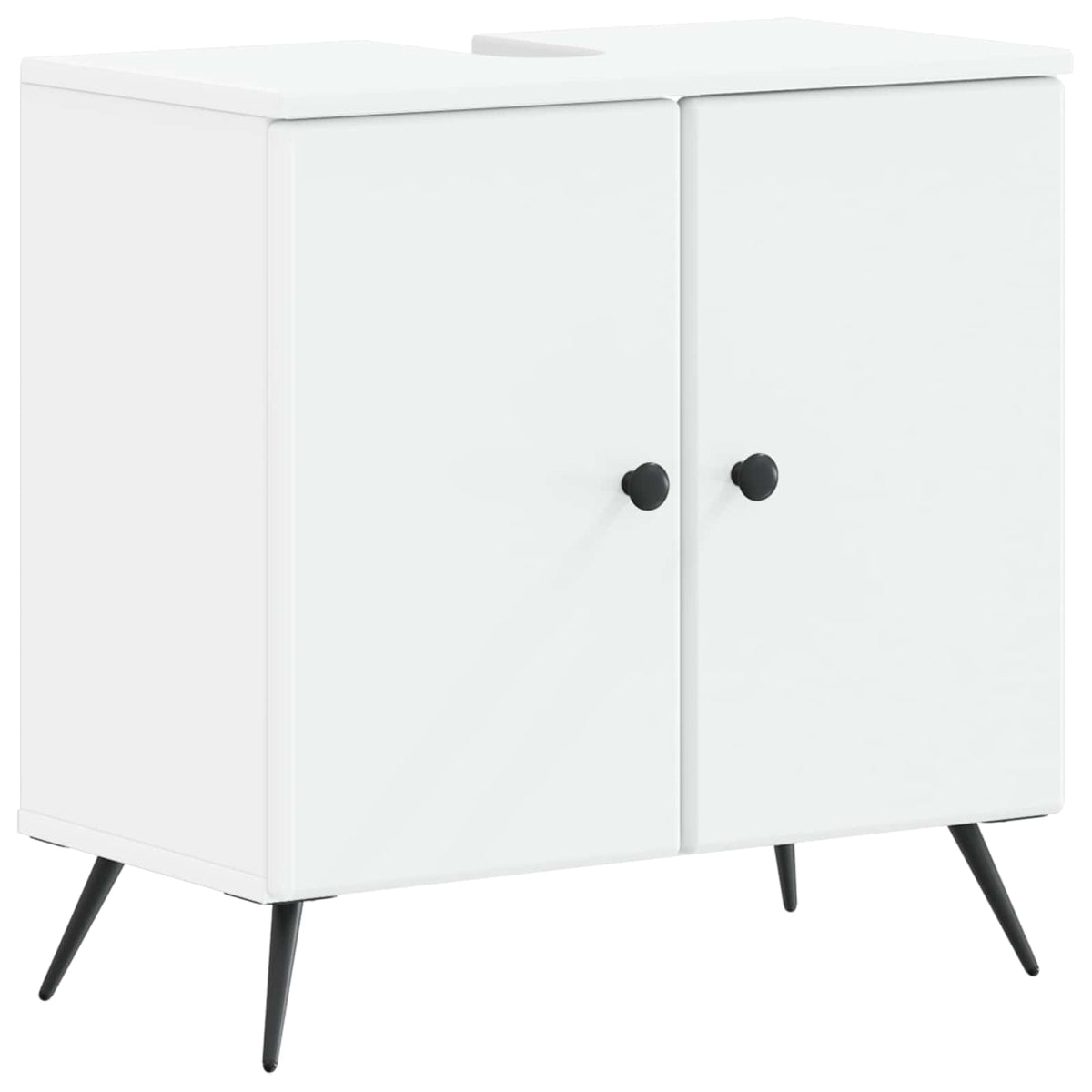 The white bathroom cabinet with two doors and black handles on angled legs
