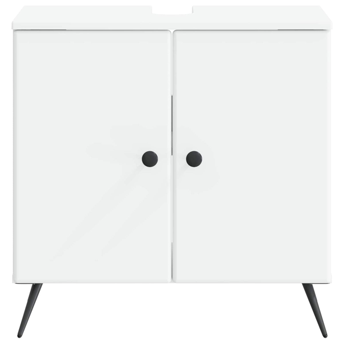 The white bathroom cabinet with two doors and round black handles on slim legs