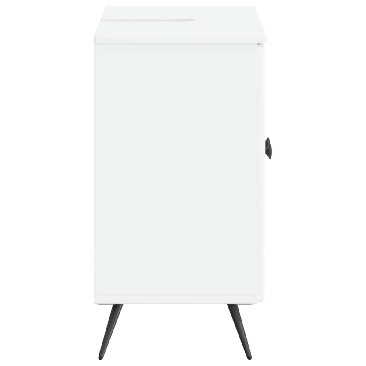 Side view of the white bathroom cabinet with two doors and black handles on angled legs