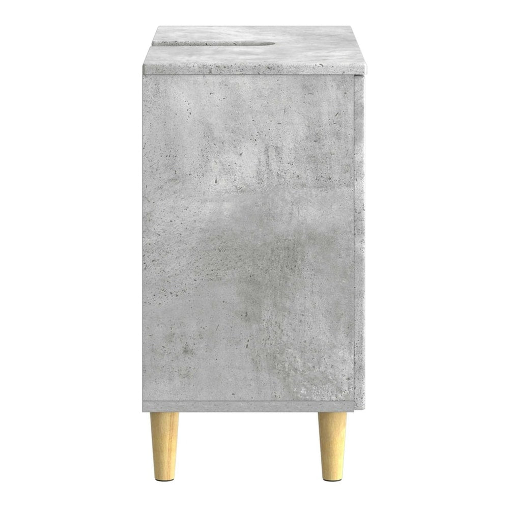 Side view of the concrete grey bathroom sink cabinet with wooden legs