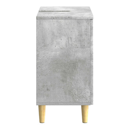 Side view of the concrete grey bathroom sink cabinet with wooden legs