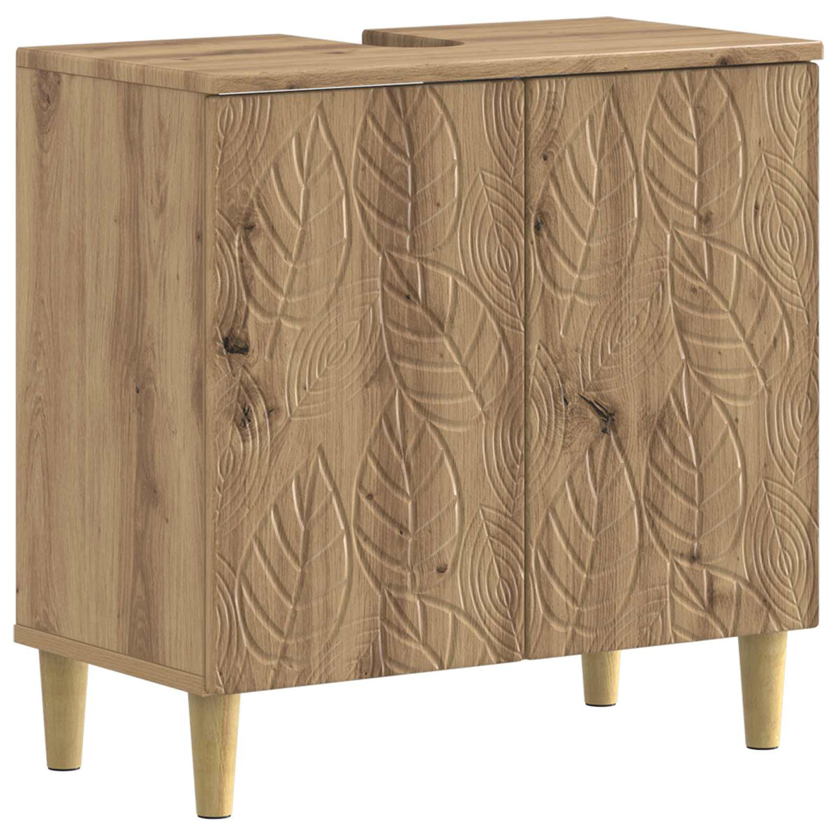 Bathroom sink cabinet with carved leaf pattern on the front doors