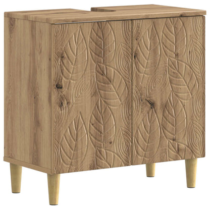 Bathroom sink cabinet with carved leaf pattern on the front doors