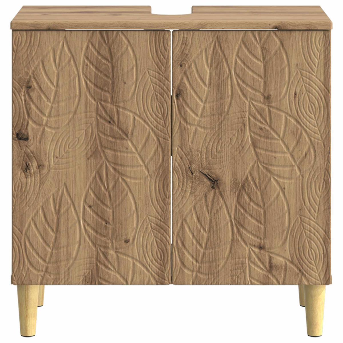 Front view of the bathroom sink cabinet with carved leaf pattern