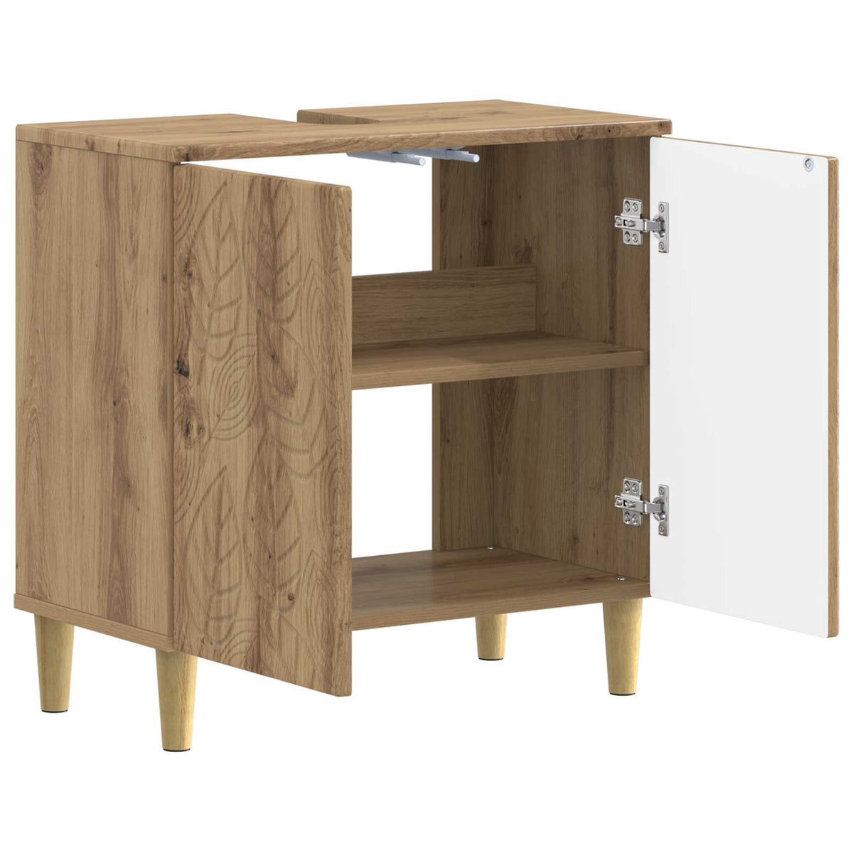 Open bathroom cabinet showing two shelves and white interior