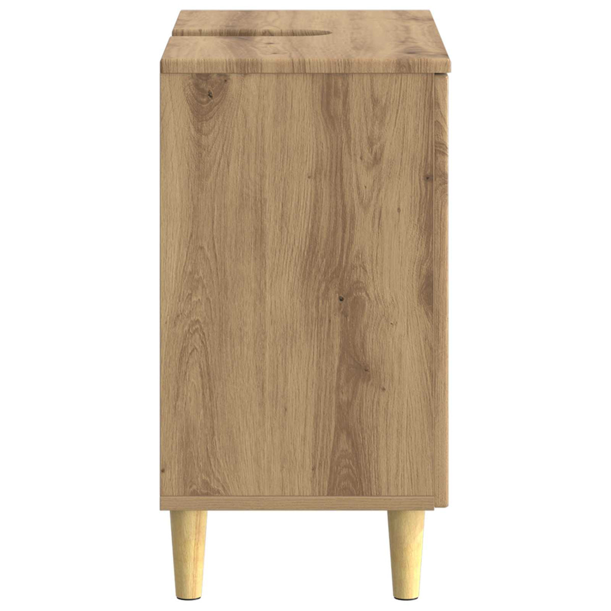 Side view of the wooden bathroom sink cabinet on legs