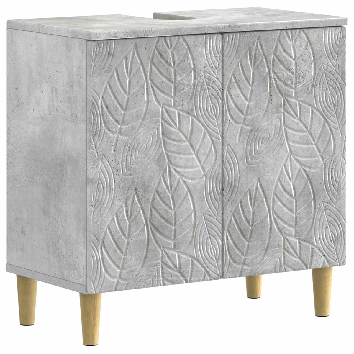 Bathroom sink cabinet DELFT Concrete Grey with embossed leaf pattern and wooden legs