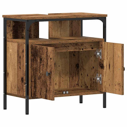 The bathroom vanity unit with both cabinet doors open showing the interior storage space