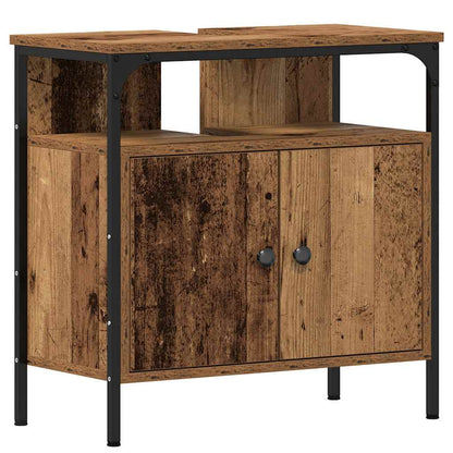 The bathroom vanity unit with a wooden finish and black metal frame viewed from the front