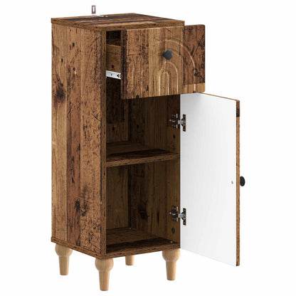 The bathroom vanity unit with its door open showing two shelves inside