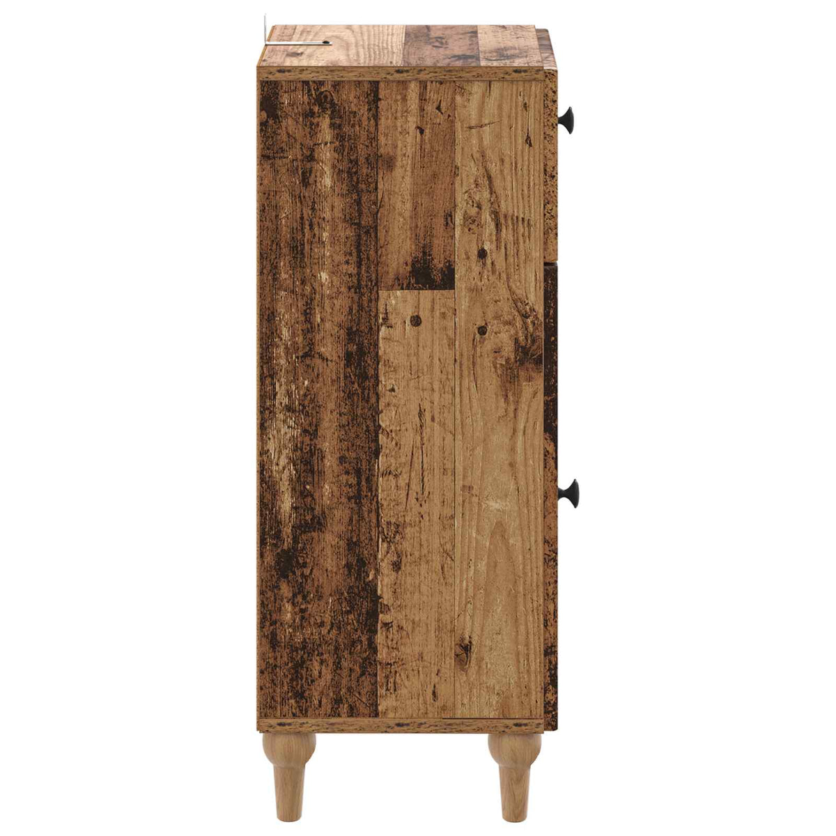 Side view of the rustic wood effect bathroom vanity unit on four legs