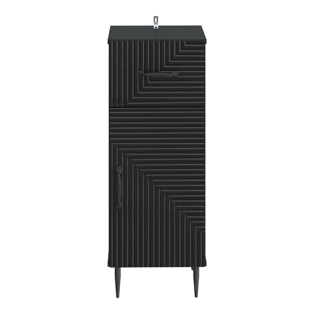 Front view of the black bathroom storage cabinet with a textured drawer and door