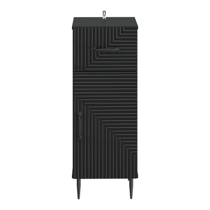 Front view of the black bathroom storage cabinet with a textured drawer and door