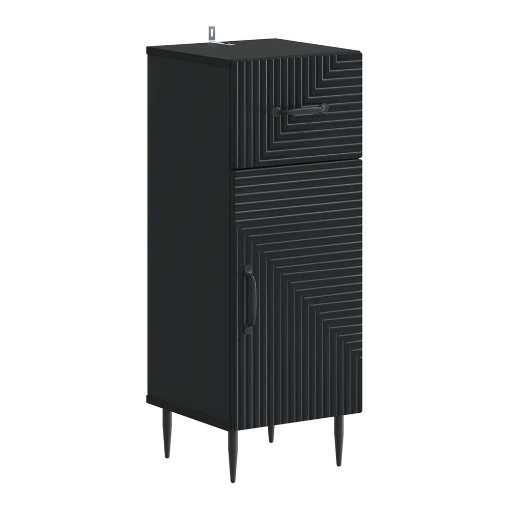 The black bathroom cabinet has a textured front with a drawer and a door