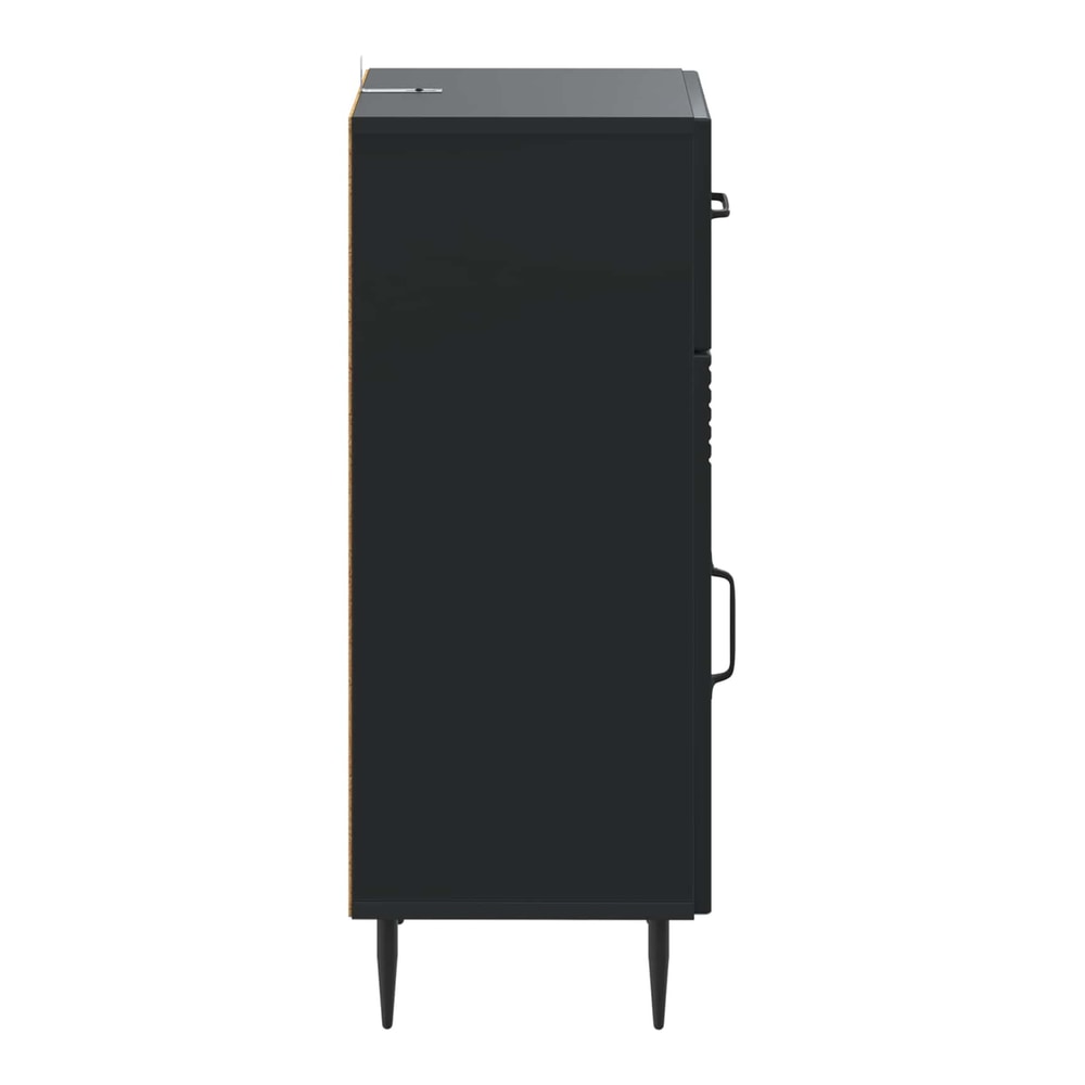 Side view of the black bathroom storage cabinet showing its slim profile