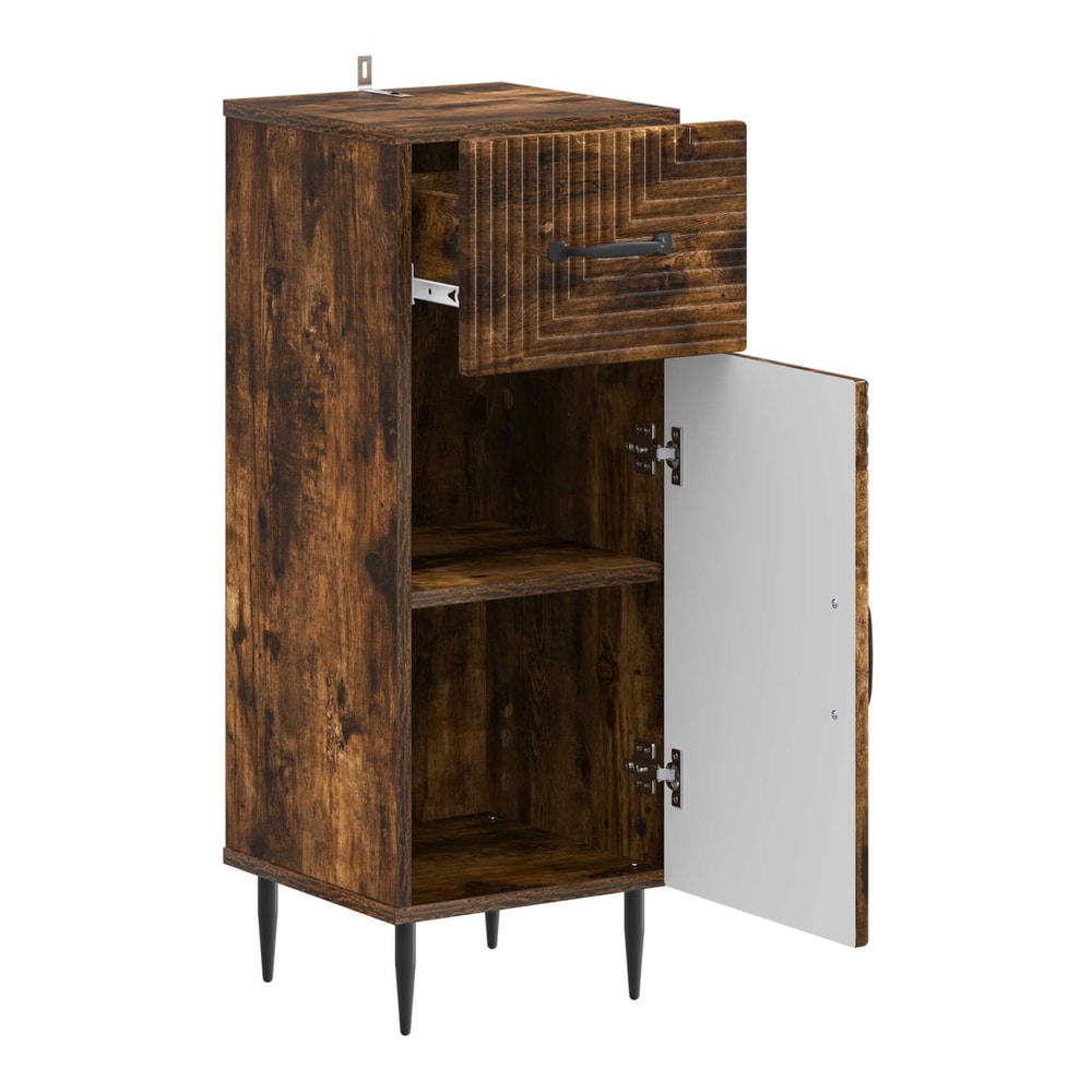 The bathroom cabinet with the cupboard door and drawer open showing shelves