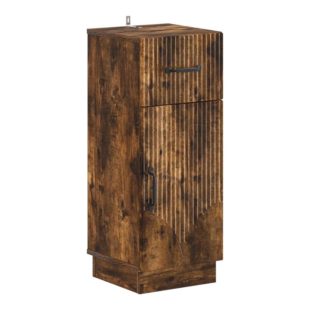 the bathroom vanity unit a tall narrow cabinet with a drawer and a door in smoked oak effect