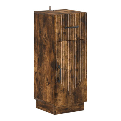 the bathroom vanity unit a tall narrow cabinet with a drawer and a door in smoked oak effect