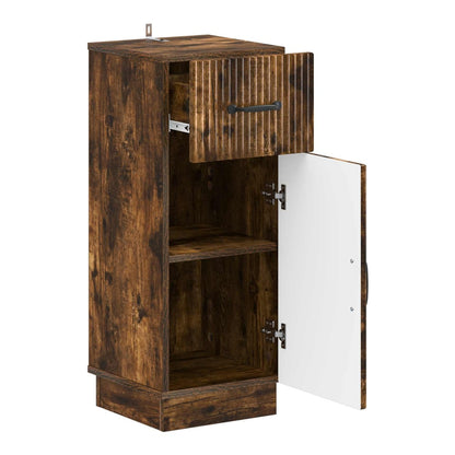 the bathroom vanity unit with its door open showing two shelves inside