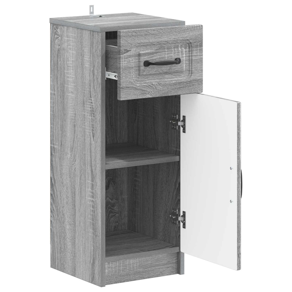 The bathroom vanity unit with the top drawer pulled out and the cupboard door open
