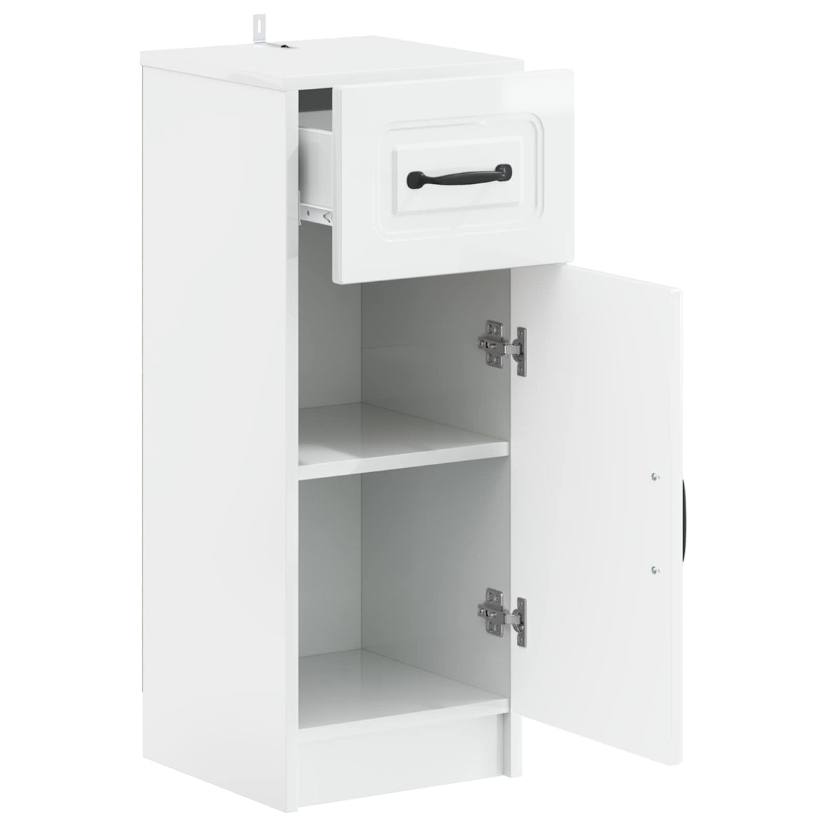 The bathroom vanity unit with the drawer pulled out and the cupboard door open