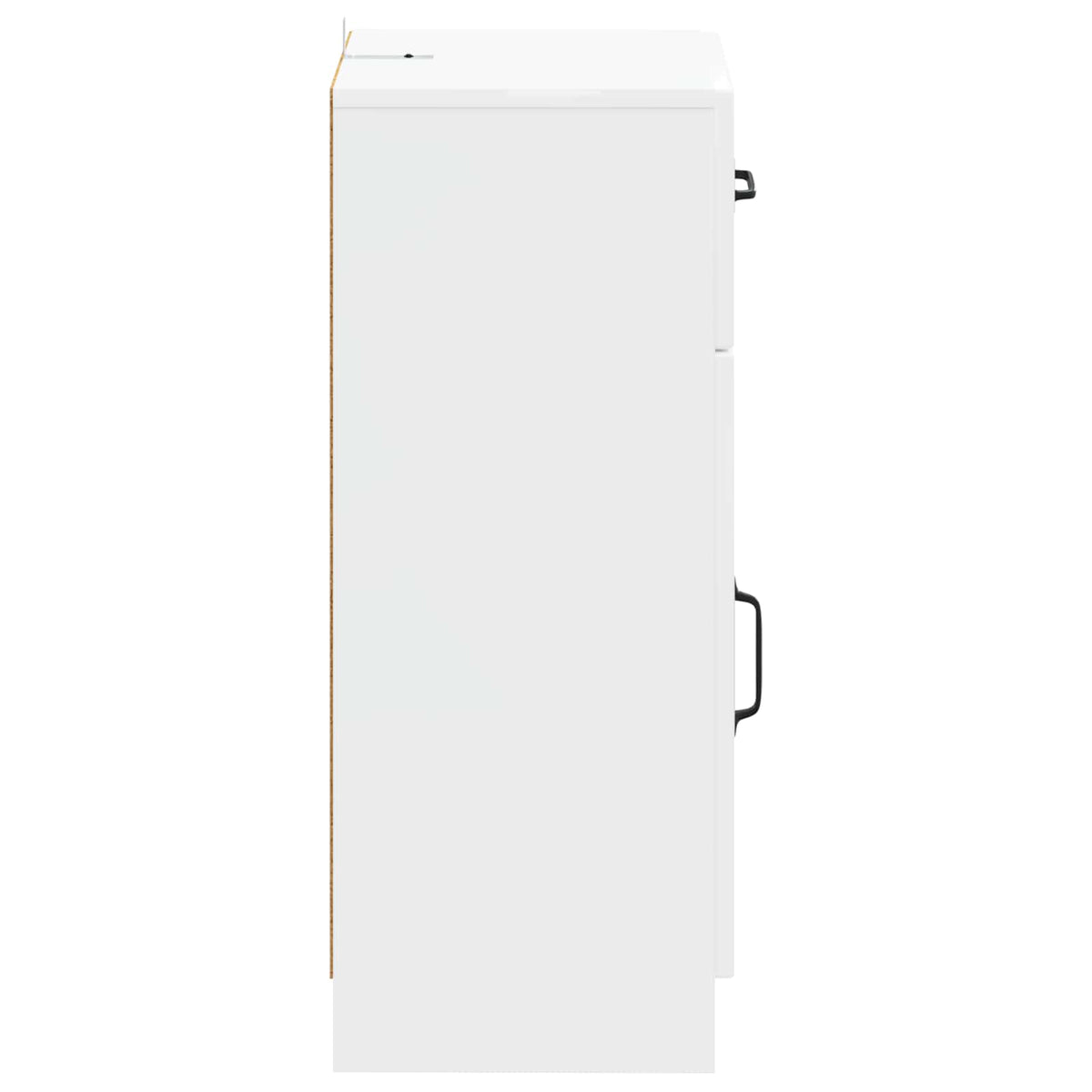 The bathroom vanity unit viewed from the side showing the white finish