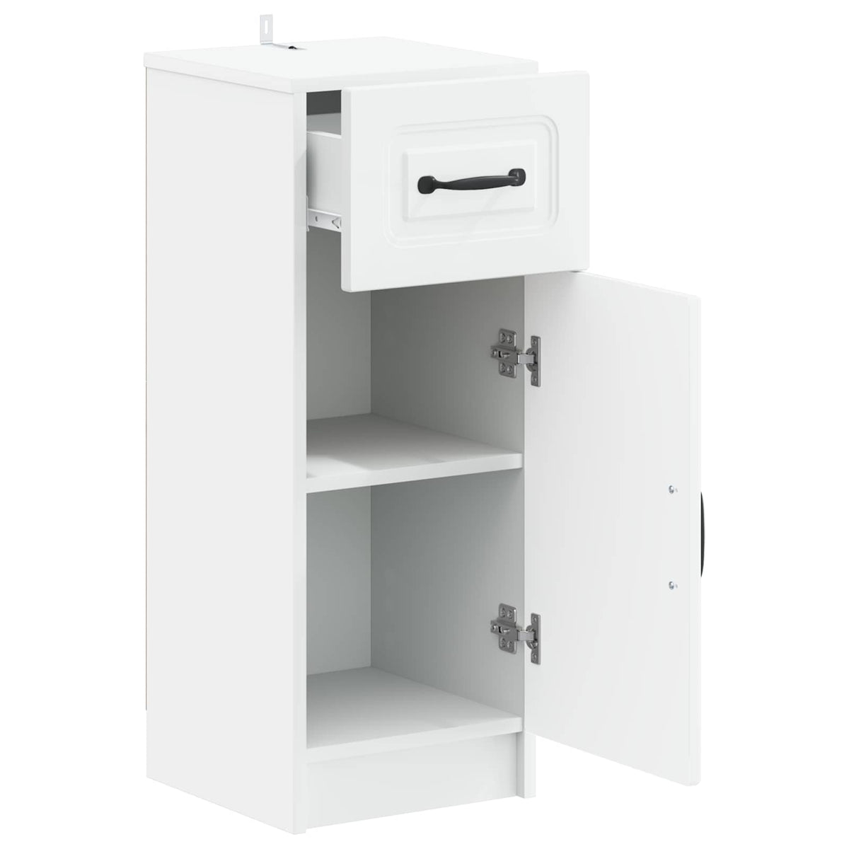 The bathroom vanity unit with the drawer pulled out and the cupboard door open