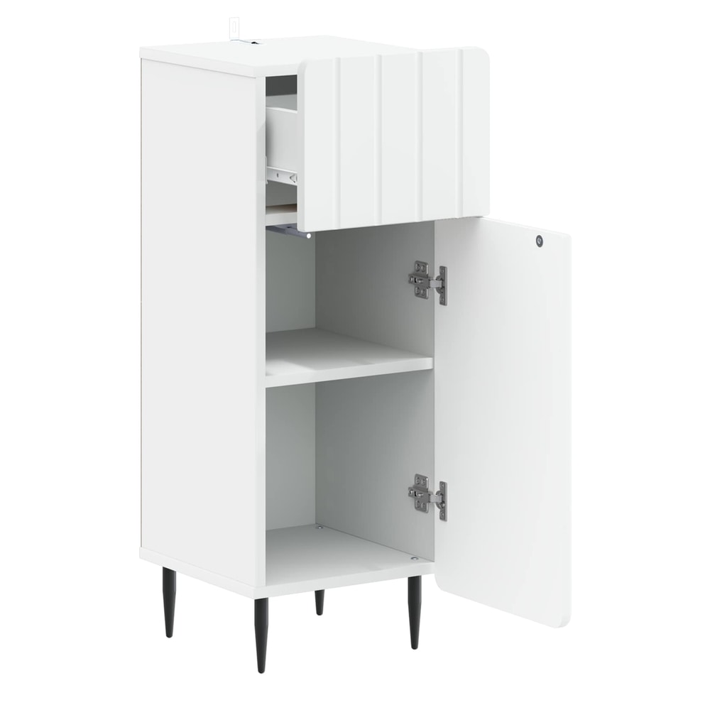 The bathroom vanity unit with its door open showing shelves and a drawer