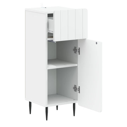 The bathroom vanity unit with its door open showing shelves and a drawer