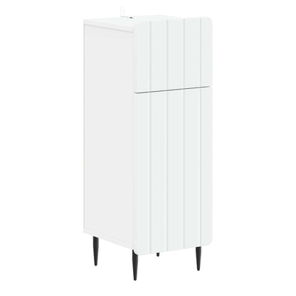 The white bathroom vanity unit seen from a three-quarter angle