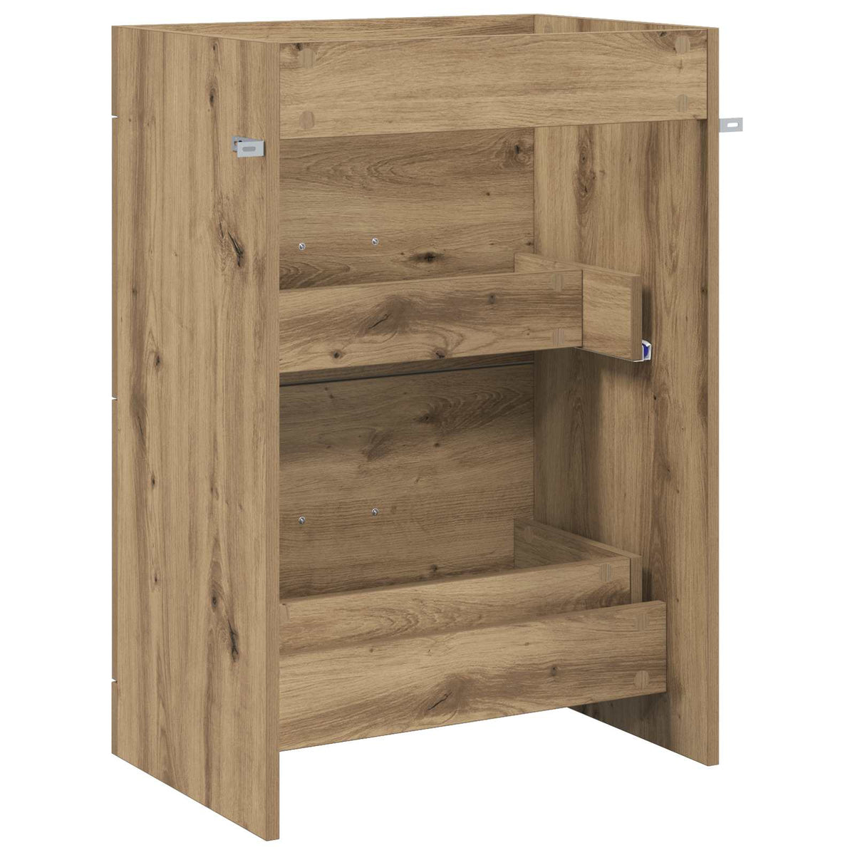 The open interior of the bathroom vanity unit showing shelves and drawers
