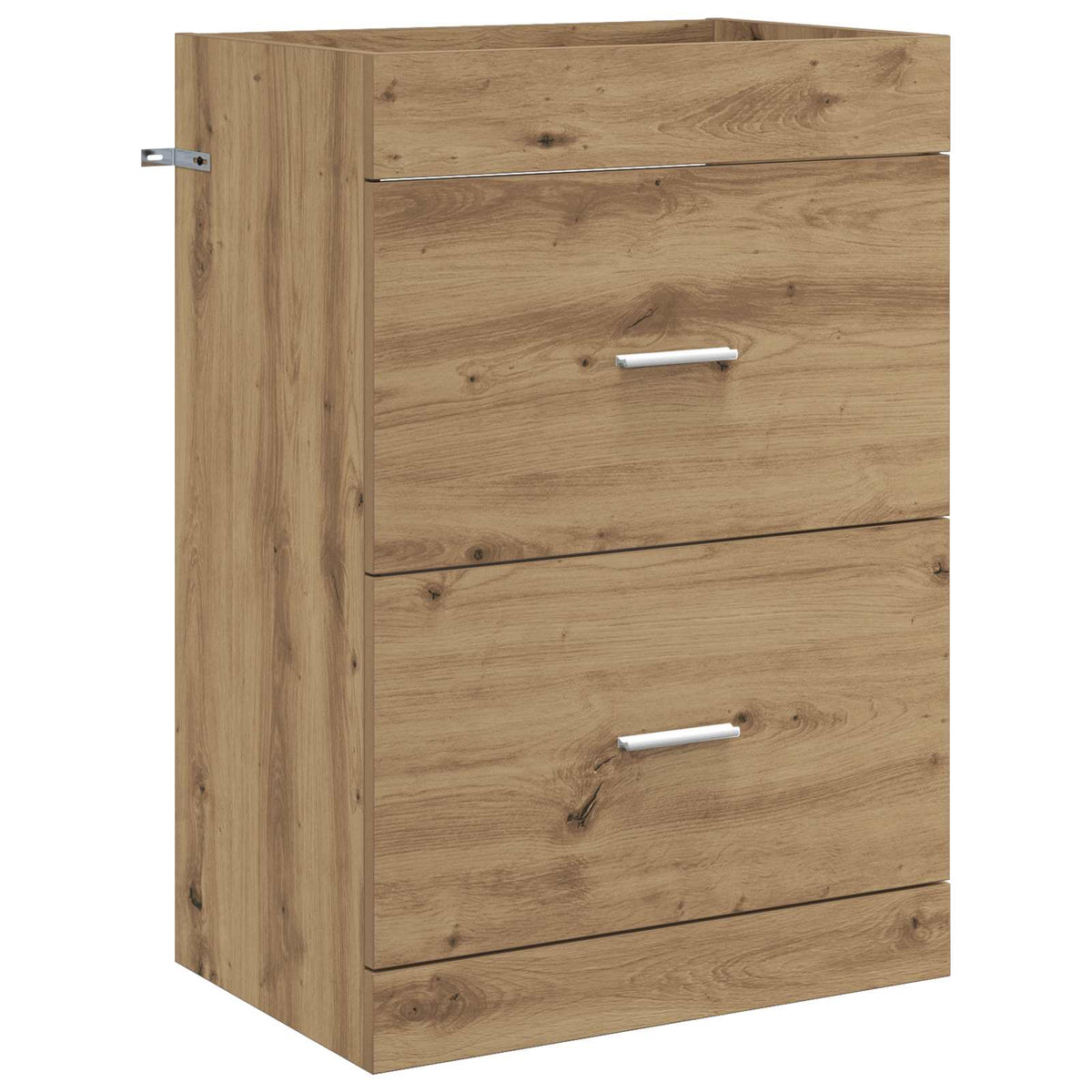 The bathroom vanity unit with two drawers and a wood grain finish